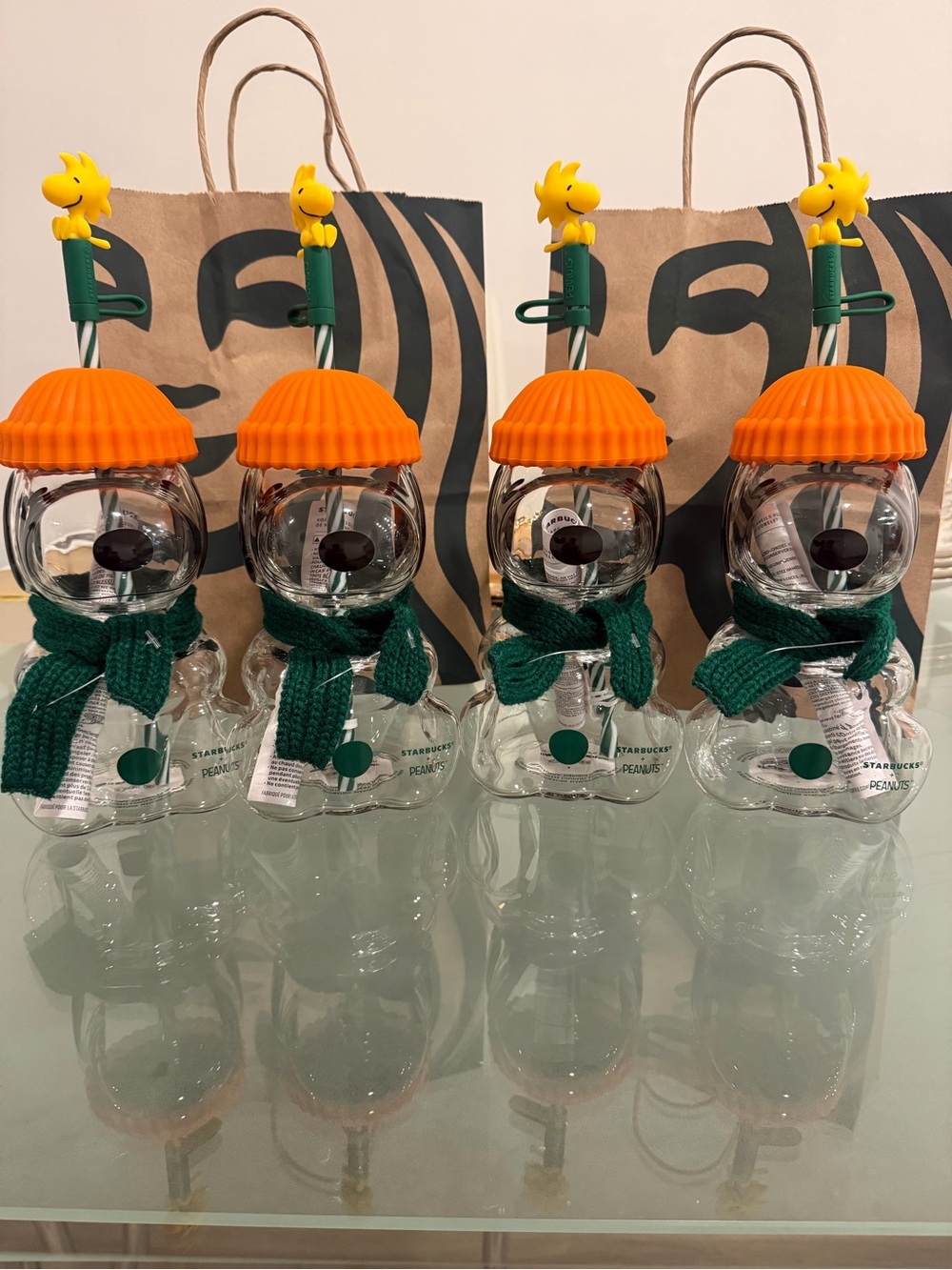 Starbucks Clear Snoopy Bear Bottle with Orange Lid and Green Scarf (Set of 4)